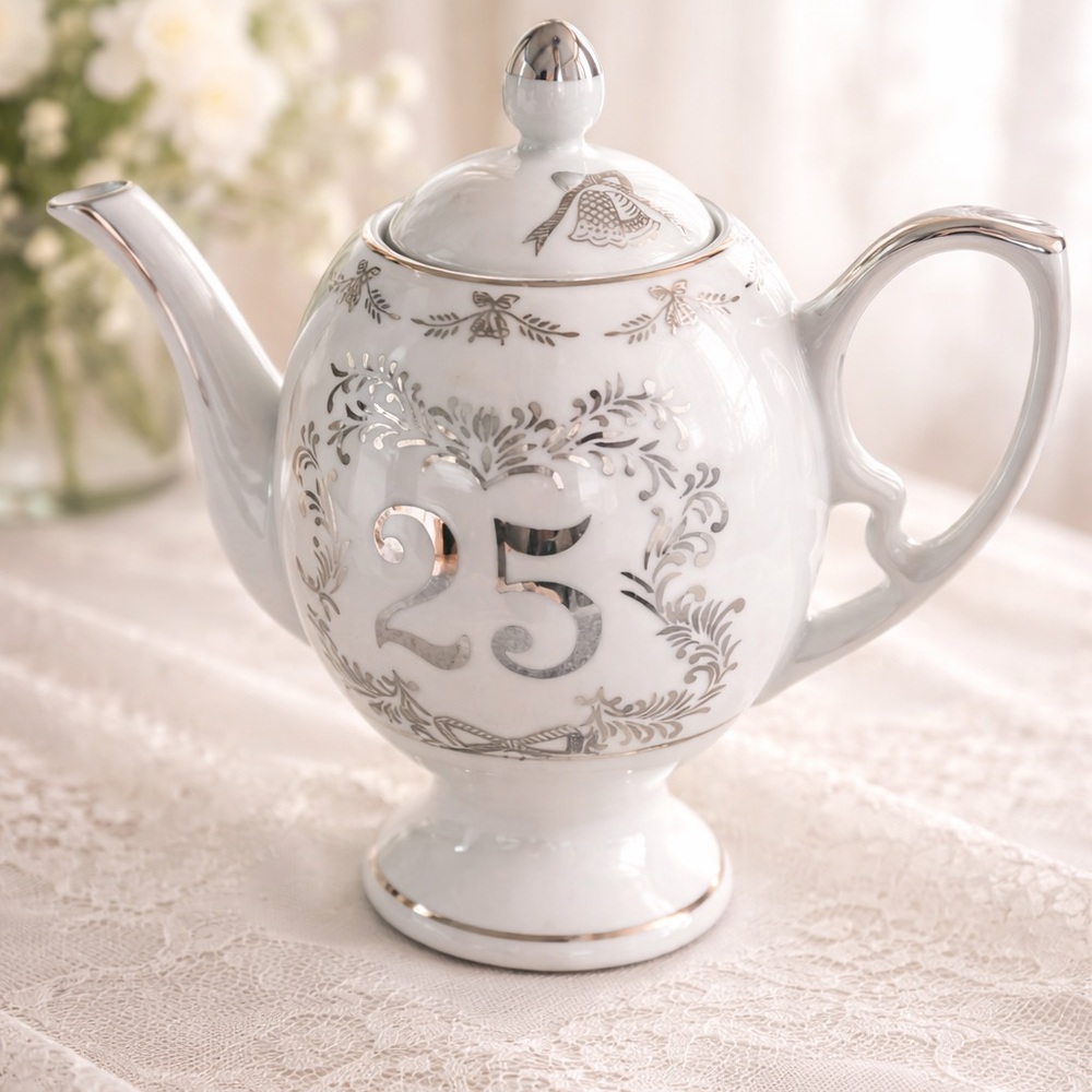 Ancap Italy Silver Jubilee “25” Porcelain Teapot Silver Laurel Commemorative